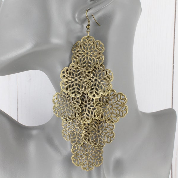 Large Black Filigree Teardrop Chandelier Earrings – Enamelled Metal – Ex Store