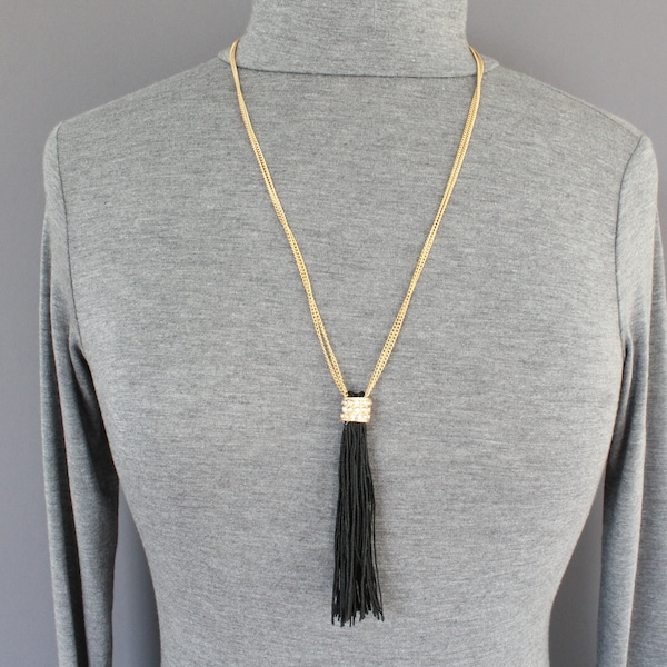 black tassel pendant necklace 26" long 2-strand statement necklace fringe black gold crystal bead strand