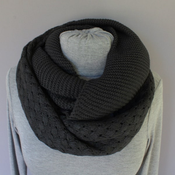Black textured knit super soft circle infinity endless loop long scarf crochet basketweave pattern ribbed pattern