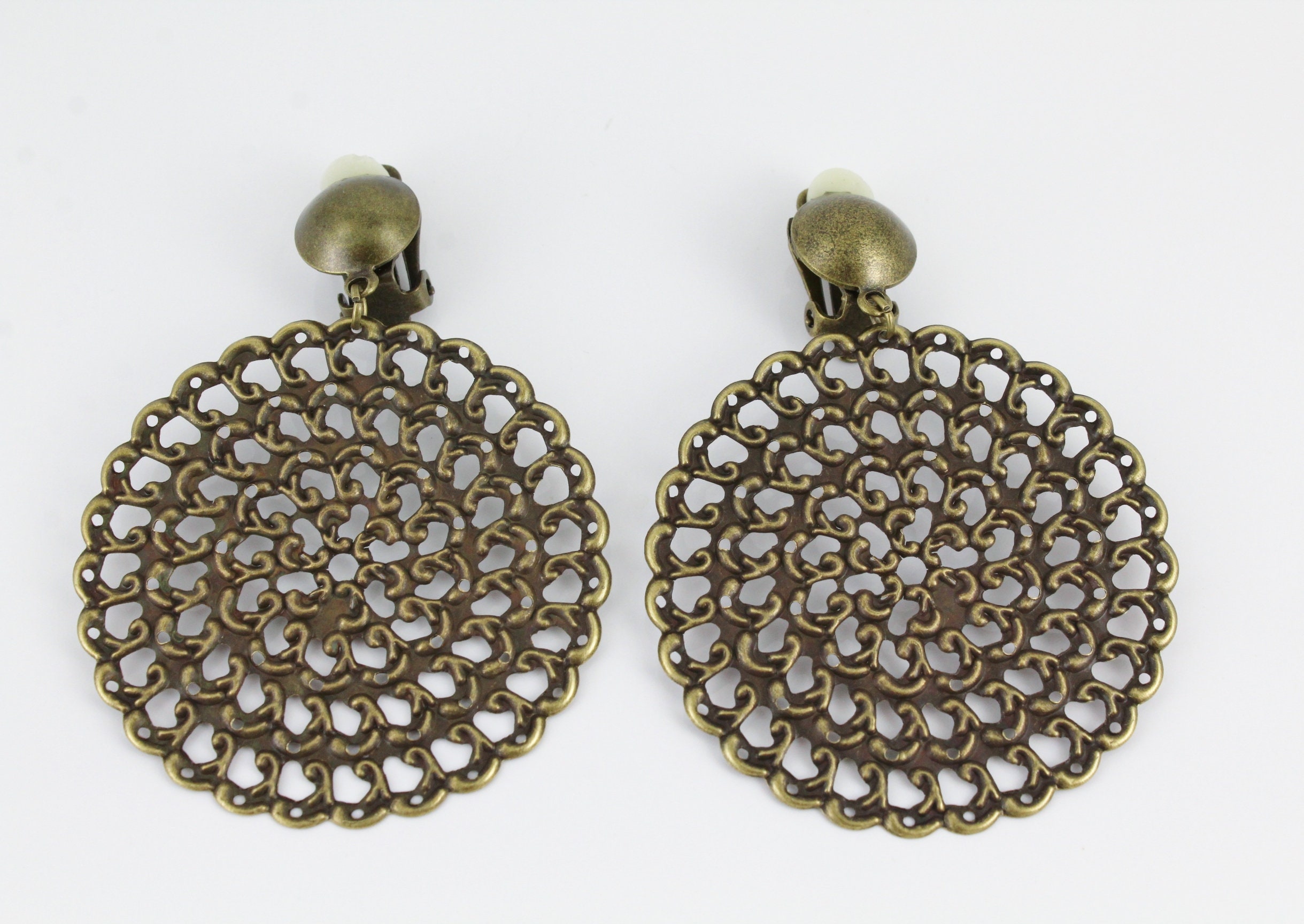Round medallion clip on earrings filigree BIG dangle bronze | Etsy