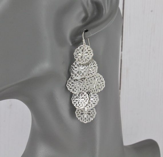 Silver chandelier earrings filigree earrings dangle cut out pattern lightweight 2.5" long shiny filigree pendants