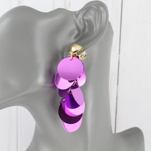 Purple Clip On earrings lightweight feathered earrings round paillette sequins dangle 2 7/8&quot; long lightweight tassel fringe wiggly Clips