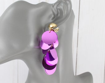 Purple Clip On earrings lightweight feathered earrings round paillette sequins dangle 2 7/8" long lightweight tassel fringe wiggly Clips