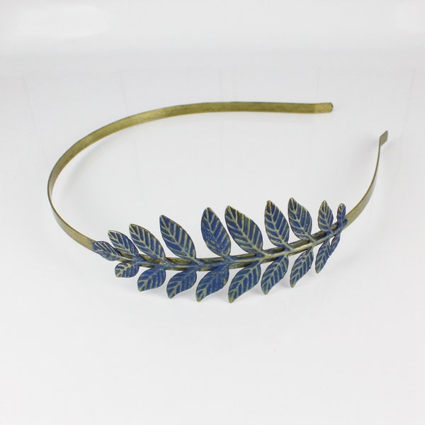 Blue painted laurel crown leaf leaves metal thin skinny head band accessory bridal wedding piece branch antiqued gold bronze Dark Blue