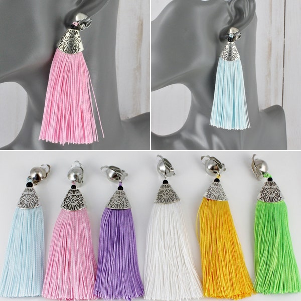 Tassel clip on earrings dangle 4" long clip earrings thread fringe tassel earrings clips non-pierced earrings blue purple white pink green