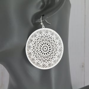 silver disc earrings filigree medallion scroll cut out round mandala dangle earrings gold dangle earrings 2 1/8" long very lightweight