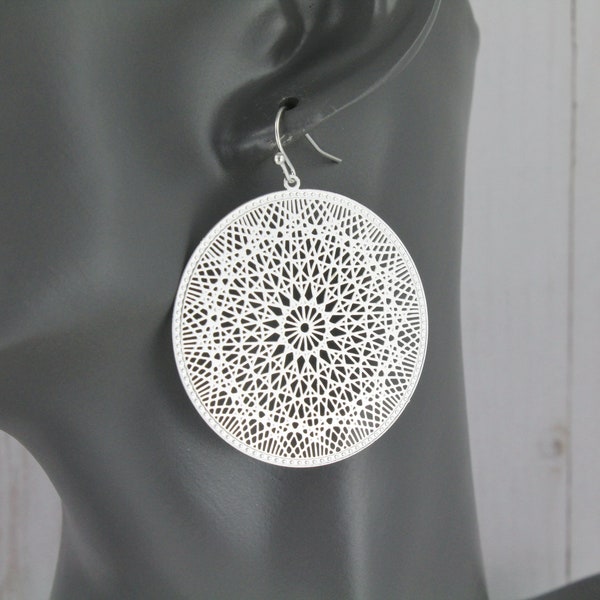 silver disc earrings filigree medallion scroll cut out round mandala dangle earrings gold dangle earrings 2 1/8" long very lightweight