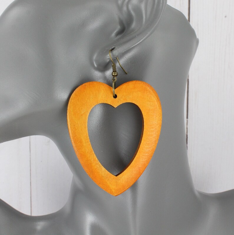 Brown heart earrings lightweight big wood dangle 3 18 long lightweight outline heart shape earrings