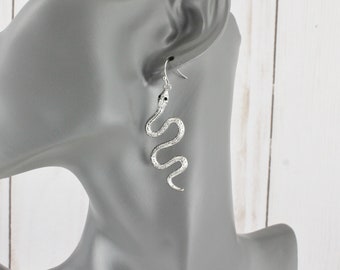 silver snake earrings asp cleopatra toga serpent dangle 2.25" long lightweight earrings slithering snake pendant