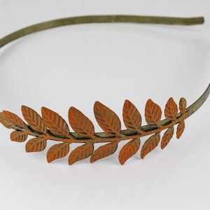Orange laurel leaf headband painted crown leaves metal thin skinny hair band bridal wedding head piece branch antiqued gold bronze
