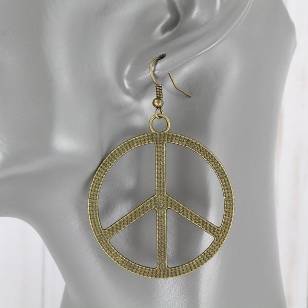 Peace Sign earrings peace symbol Love and peace dangle earrings lightweight dark bronze french hook 2.5" long textured