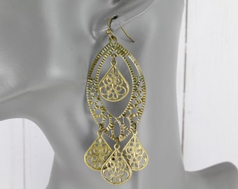 Bronze chandelier earrings filigree earrings dangle cut out pattern lightweight 3 1/8" long lightweight filigree teardrop oval