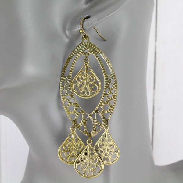 Bronze chandelier earrings filigree earrings dangle cut out pattern lightweight 3 1/8" long lightweight filigree teardrop oval