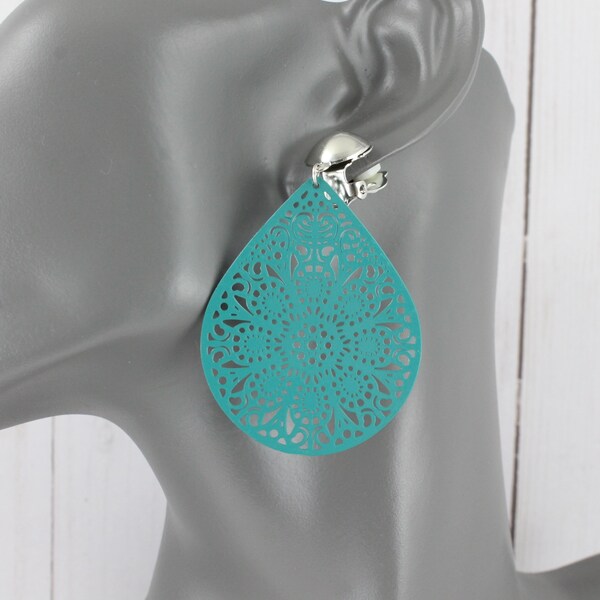 Teal clip on earrings filigree teardrop dangle clip medallion clips non-pierced earrings 2.5" long boho style big earrings teal blue