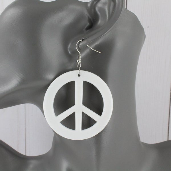 White peace sign earrings earrings very lightweight plastic big 2.75" long light weight hippie flower power peace symbol earrings