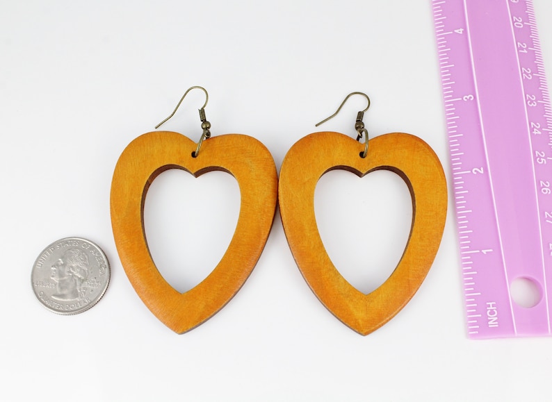 Brown heart earrings lightweight big wood dangle 3 18 long lightweight outline heart shape earrings