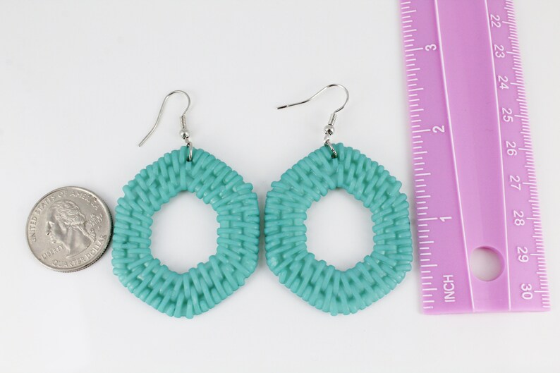 Aqua earrings woven lightweight plastic dangle cutout oval hexagon 2.5 long Turquoise Teal plastic basketweave pendant
