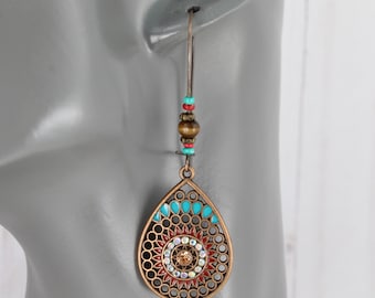 Copper teal red teardrop medallion dangle drop earrings kidney hook 2 1/8" long lightweight