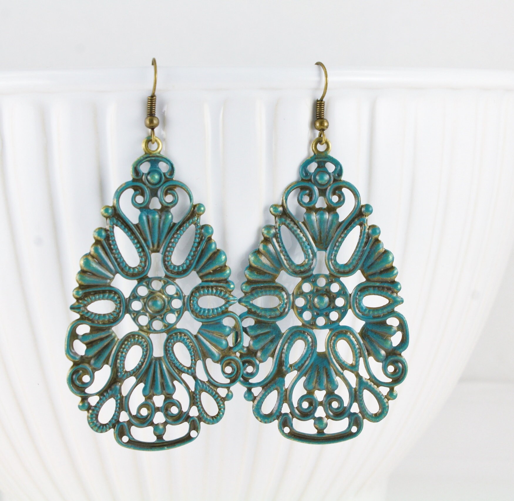 Dark Teal Big Earrings Bronze Medallion Teardrop Oval Filigree Cut