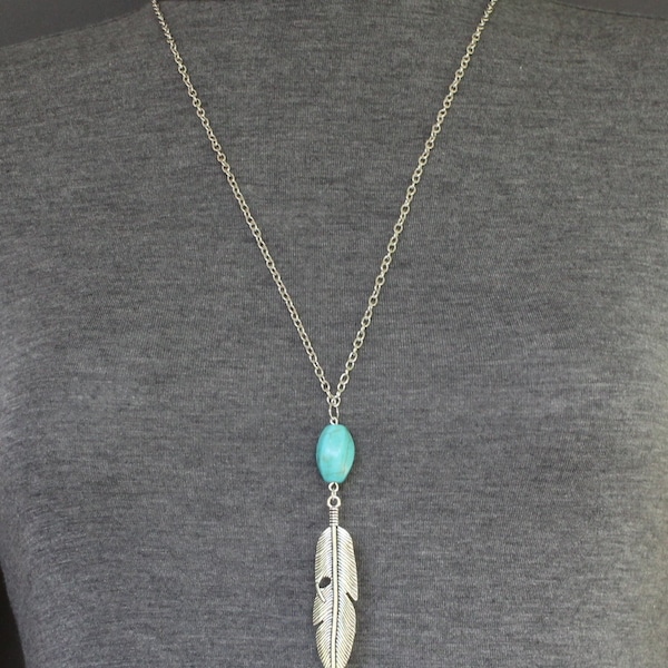silver feather necklace 27" long necklace chain metal feather pendant silver old fashioned antique vintage look turquoise bead feather leaf