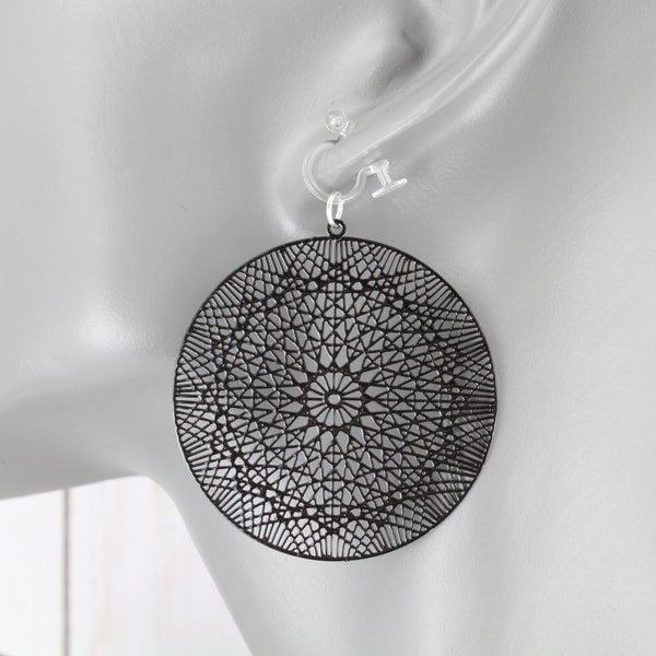 Clip On earrings black medallion disc round filigree circle non pierced Dangle clear omega invisible ear clips super lightweight and comfy