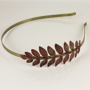 Dark Red Burgundy painted laurel crown leaf leaves metal thin skinny headband hair band accessory bridal wedding head piece branch