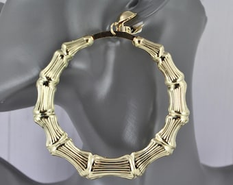 Gold Clip On earrings bamboo hoops hollow textured pendant clips lightweight 3.75" long 3.25" wide hoop big large hoops