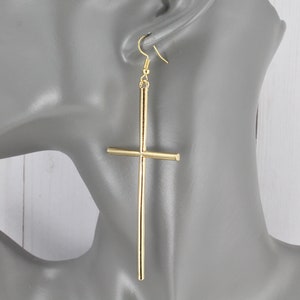 long Gold Cross dangle earrings 3 7/8 long lightweight big huge cross pendant dangly cross pendant earrings easter image 6