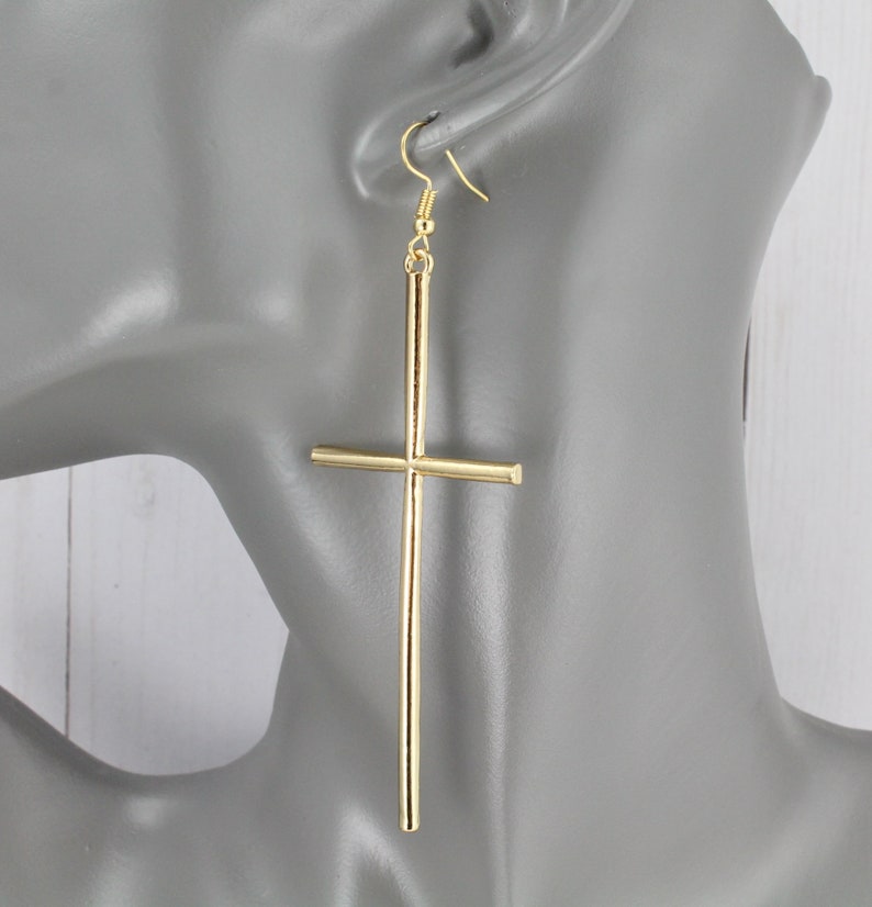 long Gold Cross dangle earrings 3 7/8 long lightweight big huge cross pendant dangly cross pendant earrings easter image 6