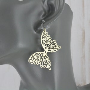 Gold clip on earrings filigree butterfly dangle invisible clip earrings butterfly wings non-pierced earrings 2.25&quot; long omega clear clip