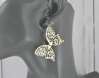 Gold clip on earrings filigree butterfly dangle invisible clip earrings butterfly wings non-pierced earrings 2.25" long omega clear clip