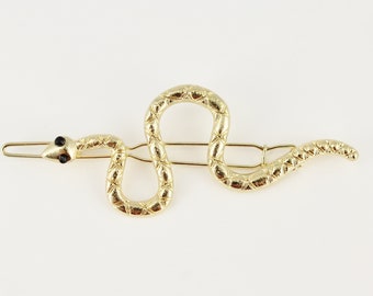 gold snake barrette clip barrette hairpin accessory slithering serpent asp snake is 2 5/8" long black crystal eyes
