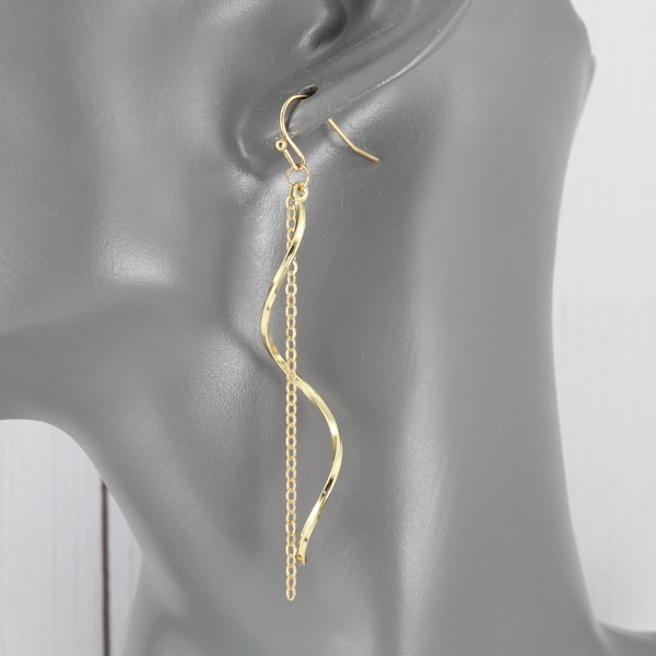 Gold twist earrings twisted swirl shoulder duster earrings very lightweight chain dangle swirl chandelier earrings 2 7/8" long