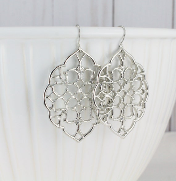 Silver Filigree Earrings Teardrop Filigree Big Dangle Earrings 2 1/8" long silver shiny