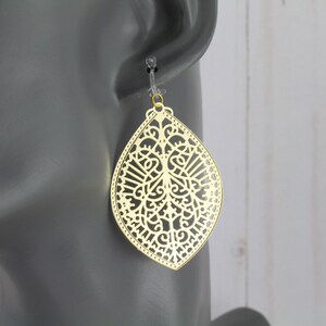 Clip On earrings Gold invisible clips teardrop oval Filigree Earrings Boho omega clip Medallion lightweight Dangle shiny 2.25" long