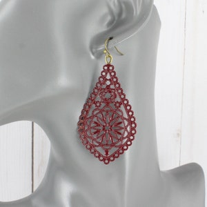 Burgundy earrings Big teardrop earrings medallion teardrop oval filigree cut out dangle drop scroll 3" long lightweight dark wine maroon red