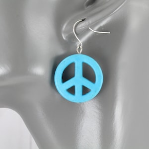 turquoise blue Peace sign dangle earrings 1 5/8&quot; long stone pendant flower power hippie earrings , peace earrings, peace symbol, peace signs