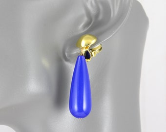 clip on blue earrings teardrop oval chandelier dangle 2" long clips non-pierced earrings gold ear clip oval pendant royal blue