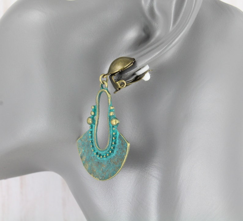 Clip On earrings turquoise green patina brass bronze teardrop Earrings Boho Chic Moroccan Medallion Dangle Earrings 2.25 long
