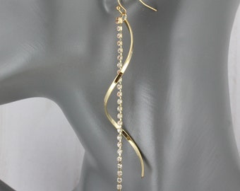 Gold twist earrings twisted swirl shoulder duster earrings very lightweight crystal dangle swirl chandelier earrings 3.75" long