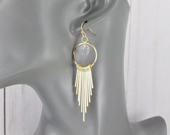 Gold earrings tassel chandelier lightweight fringe dangle 3" long wiggly flowy earrings metal tassel