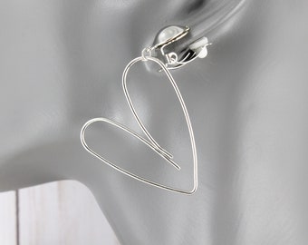 Silver clip on heart earrings abstract heart shape dangle clips medallion non-pierced 2 /8" long silver clip outline heart pendant earrings