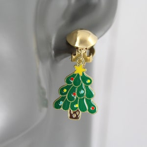 Clip On Christmas tree earrings Christmas holiday gift dangle earrings jewelry winter lightweight 1.5&quot; long clip on non pierced tree clips