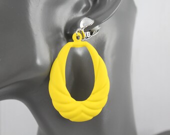 Clip on earrings Yellow teardrop dangle oval pendant silver clips lightweight non-pierced 2.75" long
