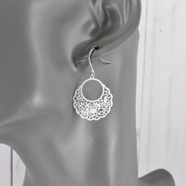 white earrings filigree small cut out round medallion dangle earrings small dangle earrings 1 5/16" long very lightweight dangles