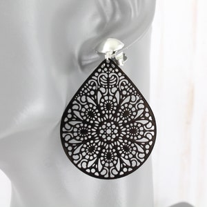 Black clip on earrings filigree teardrop dangle clip earrings medallion clips non-pierced earrings 2.5" long boho style big earrings