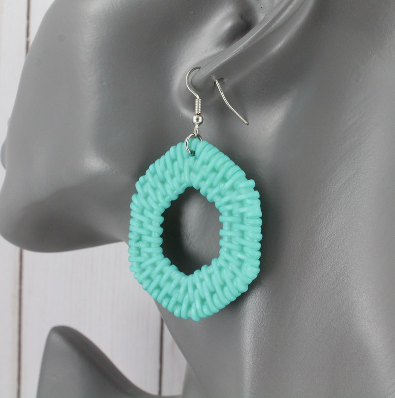 Aqua earrings woven lightweight plastic dangle cutout oval hexagon 2.5 long Turquoise Teal plastic basketweave pendant