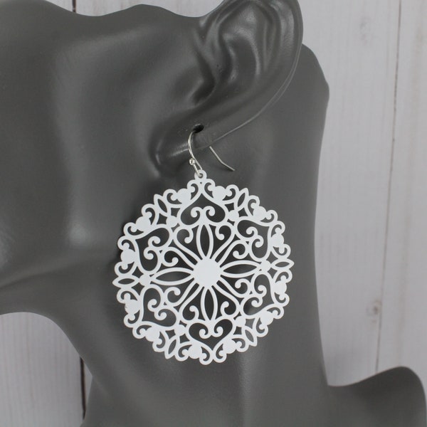 White Filigree Earrings Round circle disc lace pendant Boho Chic Moroccan Medallion Bohemian Filigree big Dangle Earrings 2.25" long