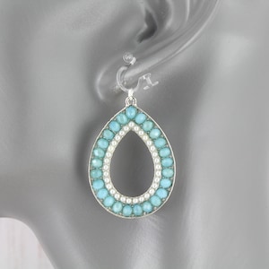 Clip On earrings turquoise teardrop invisible clips silver aqua Earrings Boho omega clip Medallion lightweight Dangle shiny 1 7/8&quot; long