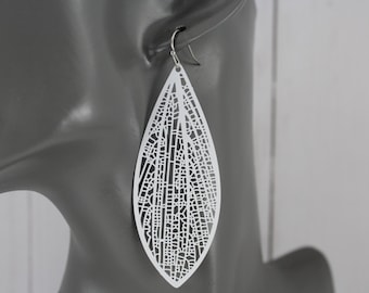 White oval teardrop earrings super lightweight filigree cut out pattern medallion 3" long leaf oval earrings skinny narrow leaves pendant